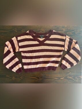 Striped V-Neck Sweater in Maroon and Cream